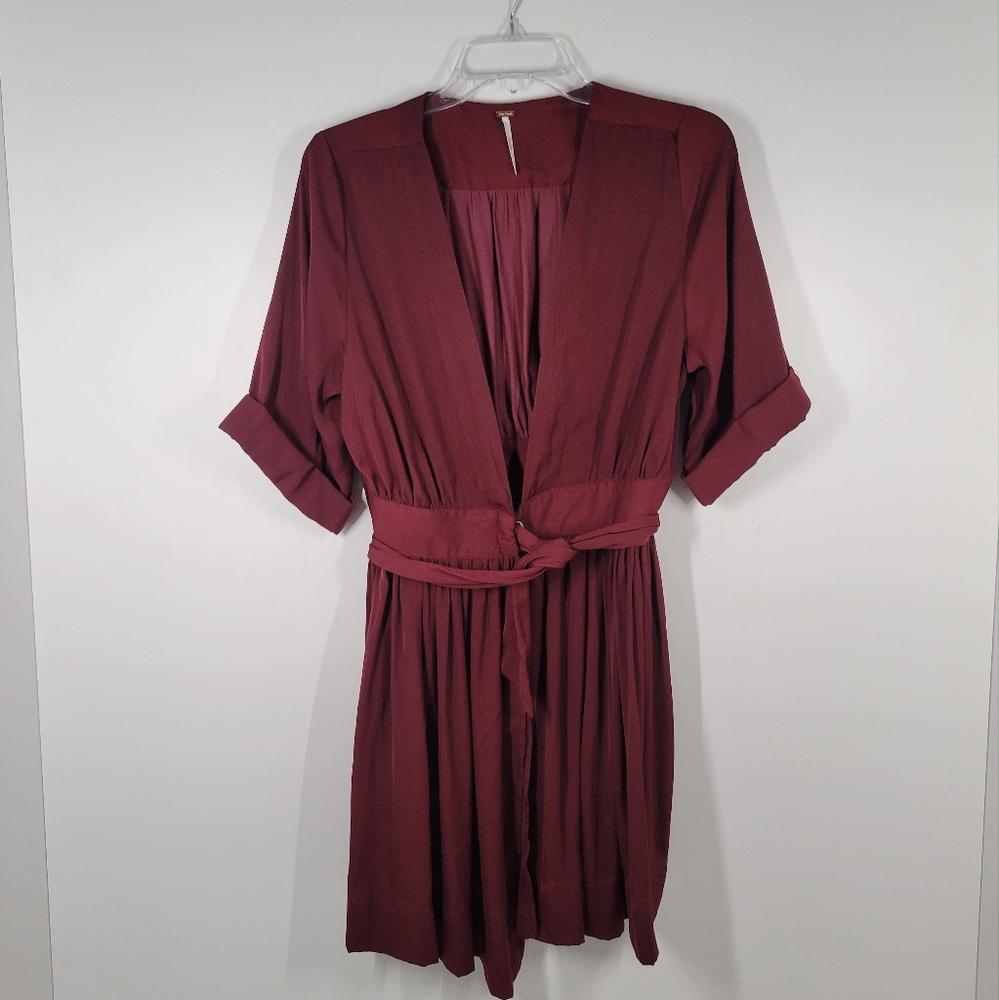 Free People Maroon Satin Tie Front Wrap Dress Robe Size XS